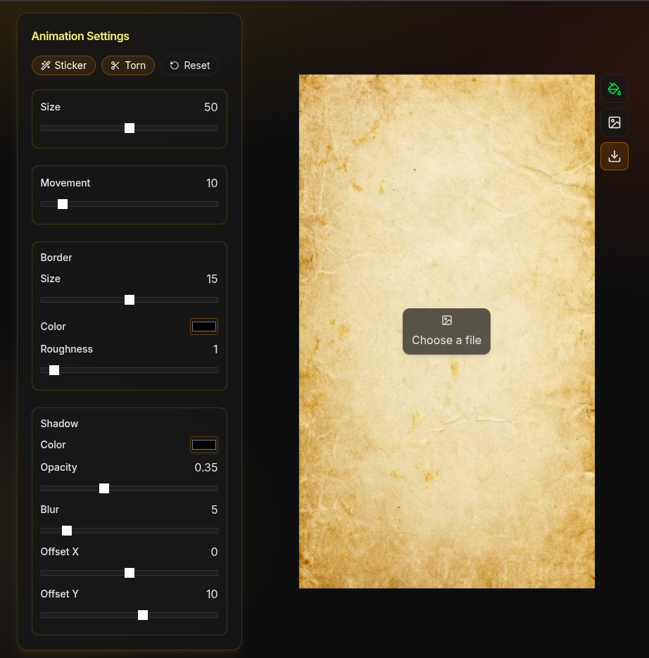 Paper cut‑out editor UI showing animation settings and canvas