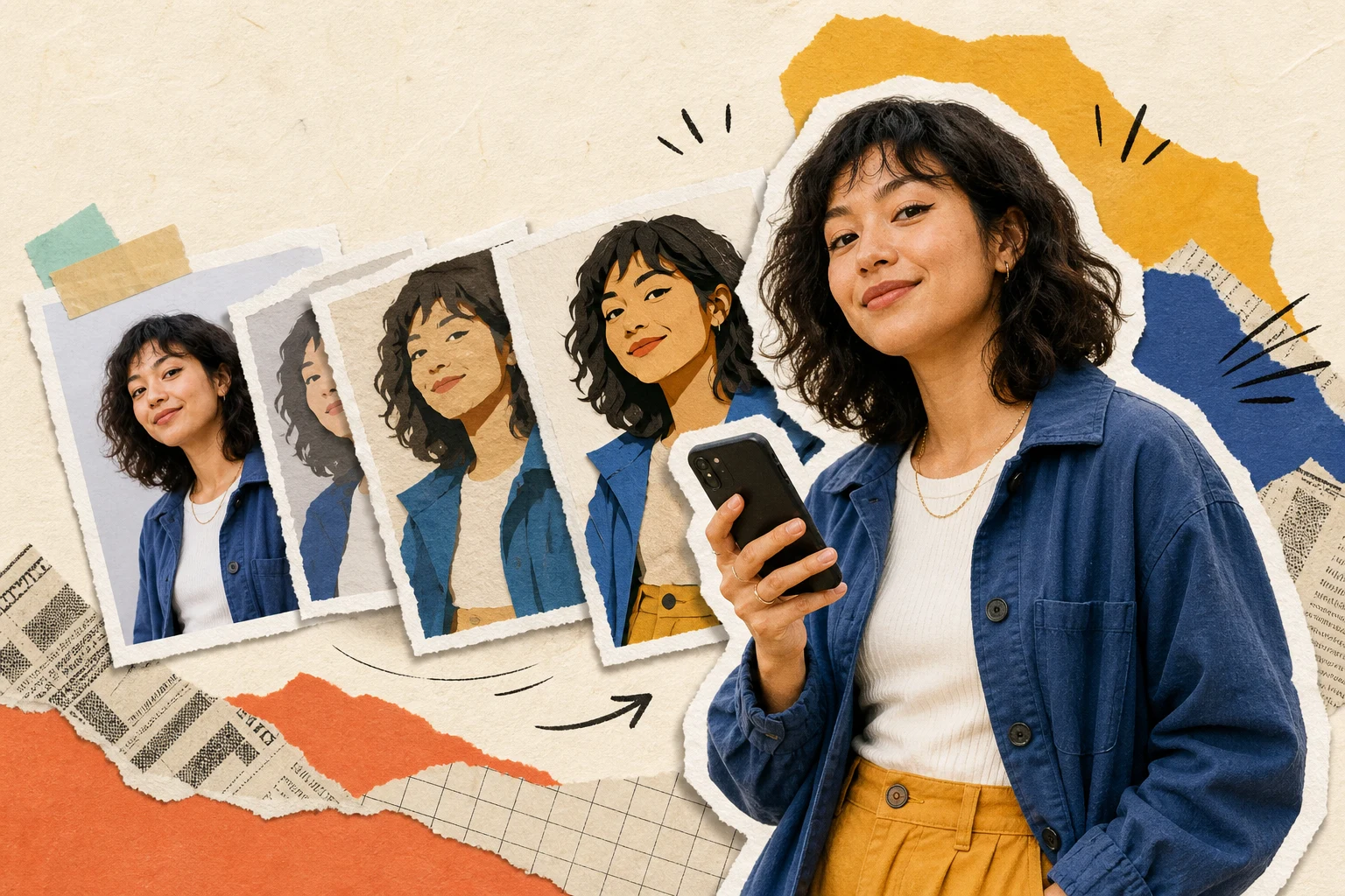 A content creator transformed through several paper cutout animation frames