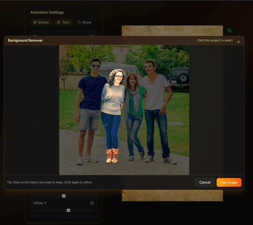 Image segmenter selecting a person from a group photo